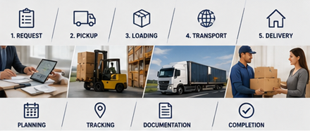 Procesul de transport de marfă de la preluare la livrare, cu operațiuni logistice și manipularea încărcăturii
