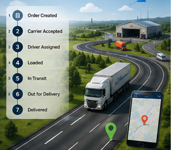 Proces logistic digital care arată urmărirea transporturilor, rute GPS și actualizări de status ale transportului