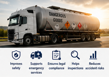 Camion cu mărfuri periculoase cu etichete ADR care ajută la siguranța transportului și intervenția de urgență