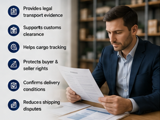 Manager de logistică analizând documente de conosament pentru transport internațional de marfă