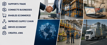 Lanț logistic european cu depozite, camioane și operațiuni de distribuție