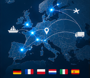 Urmărire a transportului internațional între țări europene, cu rute logistice și operațiuni vamale