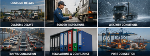 Provocări în transportul internațional, inclusiv întârzieri la vamă, vreme, trafic, porturi și operațiuni logistice de marfă
