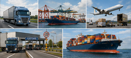 Transport internațional de marfă cu camioane la trecerea frontierei, nave cargo, vamă și operațiuni logistice globale