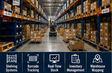 Centru mare de fulfillment care stochează inventar e-commerce pe rafturi de depozit