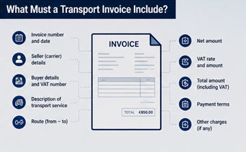 Câmpuri din documentul de factură incluzând detalii companie, cod TVA, costuri de transport și informații despre expediere