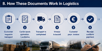 Flux logistic care arată oferta, factura, chitanța și procesul de plată într-o platformă de transport