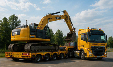 Remorcă low loader transportând utilaje de construcții și marfă agabaritică