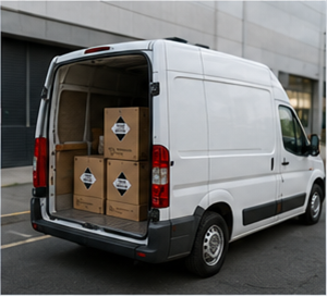 Furgonetă de livrare care transportă mărfuri periculoase în Cantitate Limitată conform regulilor ADR