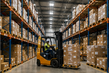 Depozit logistic mare cu rafturi de stocare, stivuitoare și paleți