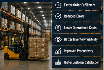 Depozit logistic modern care folosește software de management al depozitului și sisteme de inventar