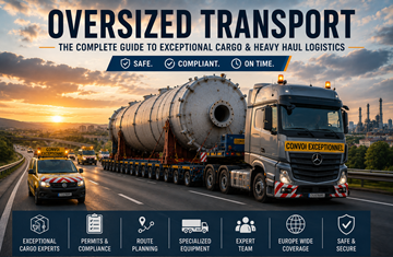 Convoi de transport agabaritic care transportă mărfuri excepționale pe o autostradă europeană la apus