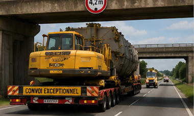 Camion de transport greu care transportă o încărcătură agabaritică ce depășește dimensiunile standard rutiere