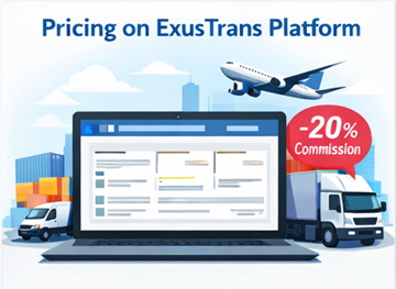 Panou de control al platformei de tarifare ExusTrans care afișează opțiuni de transport express, preț fix și distribuție, cu sistem de comision de 20%