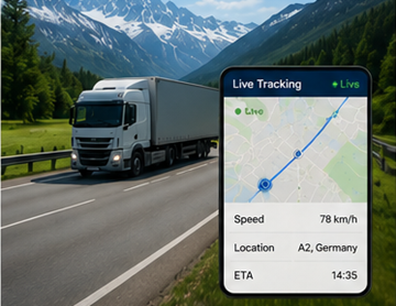 Camion cu sistem de urmărire a rutei prin GPS pe o autostradă europeană în timpul unei operațiuni de transport