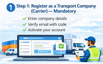 Companie de transport care își înregistrează un cont de transportator pe platforma ExusTrans, cu proces de verificare și activare a companiei