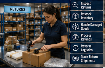 Depozit care procesează produse returnate într-un centru de logistică de fulfillment