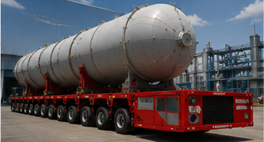 Transportor modular autopropulsat deplasând o structură industrială agabaritică