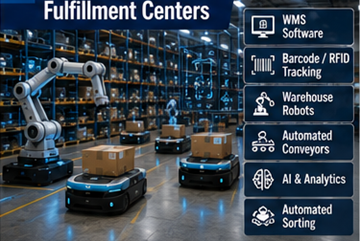 Centru de fulfillment automatizat, cu robotică, software de depozit și sisteme logistice cu AI