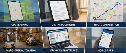 Tehnologie modernă pentru transport de marfă, cu urmărire GPS, software logistic și sisteme digitale de livrare