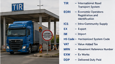 Camion de transport internațional folosind sistemul de tranzit vamal TIR la trecerea unei frontiere europene