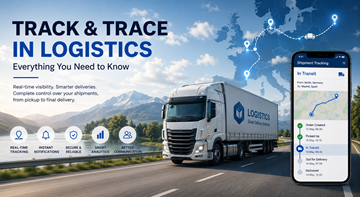 Sistem modern de track and trace în logistică, care arată vizibilitatea transporturilor cu camioane, urmărire GPS și monitorizare a livrărilor în timp real în Europa