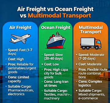 Comparație între transportul rutier, aerian și maritim, evidențiind diferențele logistice între camion, avion și navă