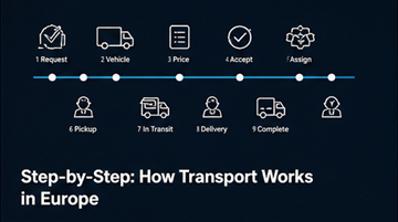 Proces logistic pas cu pas, flux de lucru transport, ridicare, livrare, tracking, planificarea rutei șoferului, Europa