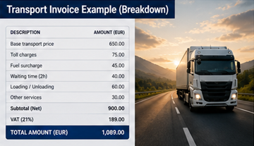 Defalcare a facturii de transport cu preț de bază, taxe de drum, servicii suplimentare și sumă totală