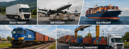 Metode de transport, inclusiv camioane, avioane cargo, nave container și logistică feroviară pentru marfă