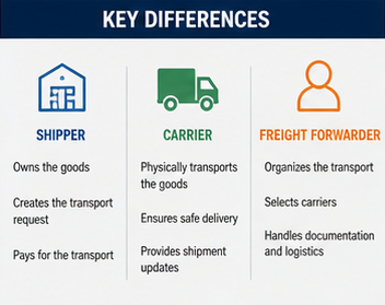 Diagramă care compară rolurile expeditorului, transportatorului și forwarderului de marfă în lanțul logistic