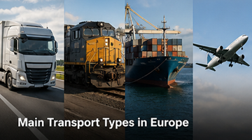 Diferite tipuri de transport în Europa: camion, autoutilitară, navă container, tren de marfă, comparație logistică