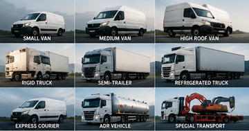 Diferite vehicule pentru transport de marfă în Europa, inclusiv dube, camioane și semiremorci
