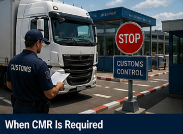 Camion la frontieră europeană, cu șoferul prezentând documente de transport, inclusiv CMR
