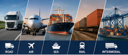 Diferite metode de transport de marfă, inclusiv camion, avion, navă de marfă și tren de marfă