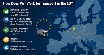 Concept TVA european pentru servicii de transport, ilustrând logistica transfrontalieră și reguli fiscale