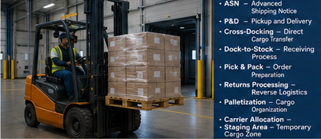 Stivuitor încărcând paleți și operațiuni de manipulare a mărfii în interiorul unui depozit logistic modern