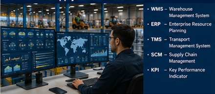 Coordonator logistic în depozit monitorizând stocurile și operațiunile din lanțul de aprovizionare pe ecrane digitale