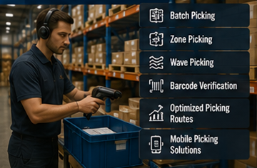Angajat în depozit folosind software WMS pentru picking și operațiuni de fulfillment