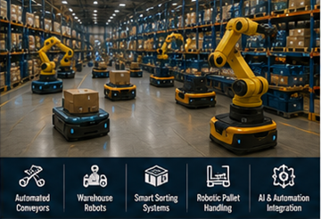 Roboți automatizați în depozit conectați la software-ul unui sistem de management al depozitului