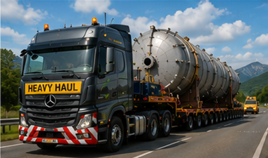 Convoi de transport greu care transportă marfă industrială agabaritică pe autostradă europeană
