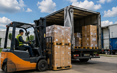 Transport pe paleți cu paleți stivuiți, stivuitoare, camioane logistice și operațiuni de marfă în depozit