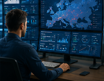 Operator logistic monitorizând un sistem de urmărire a expedierilor, cu actualizări de transport în timp real în Europa