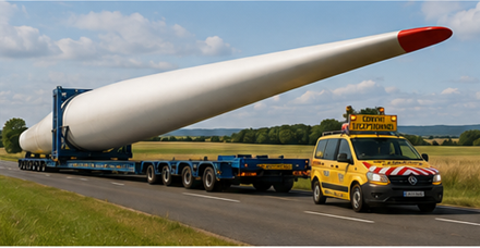 Pale de turbină eoliană și echipamente pentru energie regenerabilă transportate cu camioane de transport greu