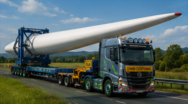 Remorcă specializată transportând o pală de turbină eoliană în Europa